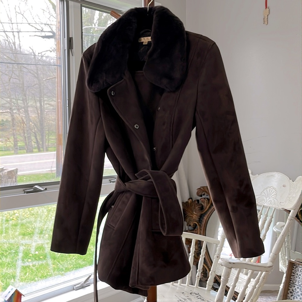 Wilsons Vintage Jacket Rabbit Fur Trim Women Size L Brown